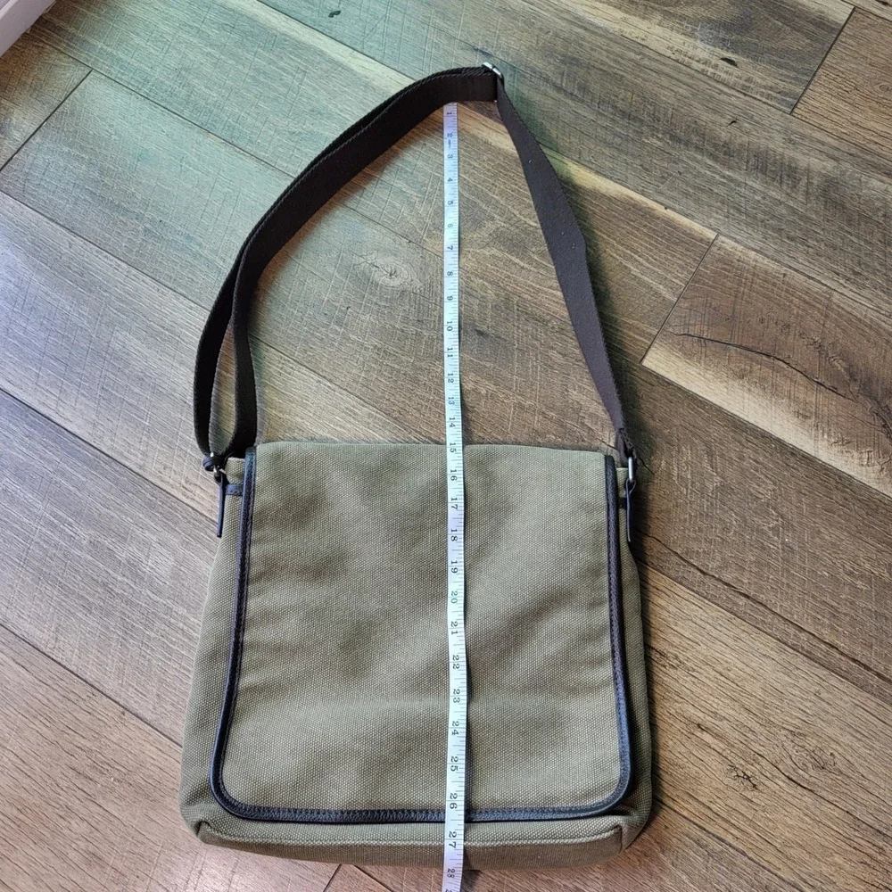 Levenger Olive Green Canvas & Brown Leather Trim Messenger Crossbody Bag